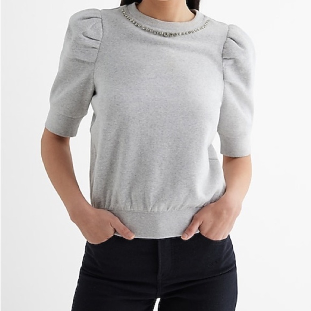 EXPRESS Embellished Crewneck Gray Short Puff Sleeve Fleece Top Medium